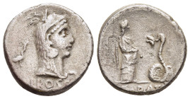 L. ROSCIUS FABATUS. Serrate Denarius (59 BC). Rome.

Obv: L ROSCI.
Head of Juno Sospita right, wearing goat skin headdress; ibis to left.
Rev: [FABATI...