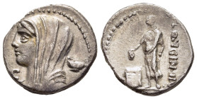 L. CASSIUS LONGINUS. Denarius (63 BC). Rome. 

Obv: Veiled and draped bust of Vesta left; C to left, calix to right.
Rev: LONGIN III V. 
Voter standin...