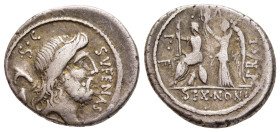 M. NONIUS SUFENAS. Denarius (57 BC). Rome.

Obv: SVFENAS S C. 
Bearded head of Saturn right; harpa and baetylus to left.
Rev: SEX NONI / PR L V P F. 
...
