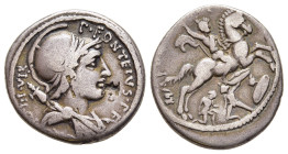 P. FONTEIUS P.F. CAPITO. Denarius (55 BC). Rome.

Obv: P FONTEIVS P F – [CAPITO] III VIR. 
Helmeted and draped bust of Mars right, with trophy over sh...