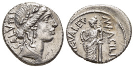 MAN. ACILIUS GLABRIO. Denarius (49 BC). Rome.

Obv: SALVTIS. 
Laureate head of Salus right.
Rev: MN ACILI[VS / III VI]R VALETV. 
Valetudo standing lef...