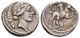 A. LICINIUS NERVA. Denarius (47 BC). Rome. 

Obv: FIDES / NERVA. 
Laureate head of Fides right.
Rev: III - VIR / A LICINIVS. 
Horseman galloping right...