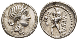 JULIUS CAESAR. Denarius (48-47 BC). Military mint traveling with Caesar in North Africa.

Obv: Diademed head of Venus right.
Rev: CAESAR. 
Aeneas adva...