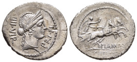 L. FLAMINIUS CHILO. Denarius (43 BC). Rome.

Obv: IIII VIR / PRI FL. 
Diademed head of Venus right.
Rev: FLAMIN / CHI[LO]. 
Victory in biga right, hol...