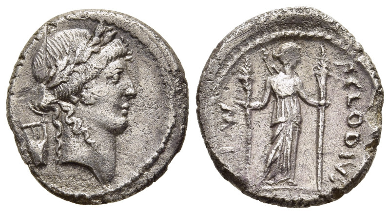 P. CLODIUS M.F. TURRINUS. Denarius (42 BC). Rome.

Obv: Laureate head of Apollo ...
