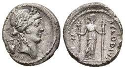 P. CLODIUS M.F. TURRINUS. Denarius (42 BC). Rome.

Obv: Laureate head of Apollo right; lyre to left.
Rev: P CLODIVS / M [F]. 
Diana standing right, ho...