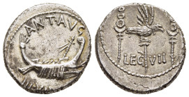 MARK ANTONY. Denarius (32-31 BC). Patrae(?). Legionary issue.

Obv: ANT AVG / III V[IR R P C]. 
Galley right.
Rev: LEG - VII. 
Aquila right between tw...