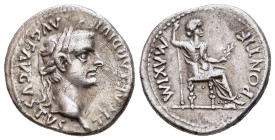 TIBERIUS (14-37). Denarius. "Tribute Penny" type. Lugdunum.

Obv: TI CAESAR DIVI AVG F AVGVSTVS. 
Laureate head right.
Rev: PONTIF MAXIM. 
Livia (as P...