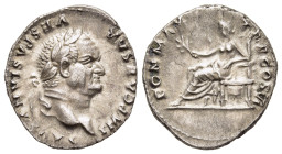 VESPASIAN (69-79). Denarius. Rome.

Obv: IMP CAESAR VESPASIANVS AVG. 
Laureate head right.
Rev: PON MAX TR P COS VI. 
Pax seated left on throne, holdi...