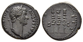 HADRIAN (117-138). Ae Semis. Rome.

Obv: HADRIANVS AVGVSTVS P P.
Laureate head right, drapery over far shoulder.
Rev: COS III / S C.
Aquila betwe...
