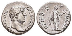 HADRIAN (117-138). Denarius. Rome.

Obv: HADRIANVS AVG COS III P P. 
Bare-headed bust right, with slight drapery.
Rev: FIDES PVBLICA. 
Fides standing ...