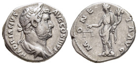 HADRIAN (117-138). Denarius. Rome.

Obv: HADRIANVS AVG COS III P P. 
Laureate, draped and cuirassed bust right.
Rev: MONETA AVG. 
Moneta standing left...