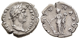 HADRIAN (117-138). Denarius. Rome.

Obv: HADRIANVS AVG COS III P P. 
Bare head right.
Rev: FORTVNA AVG. 
Fortuna standing left, holding cornucopia and...