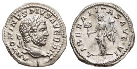 CARACALLA (198-217). Denarius. Rome.

Obv: ANTONINVS PIVS AVG BRIT. 
Laureate head right.
Rev: LIBERALITAS AVG VI. 
Liberalitas standing left, holding...