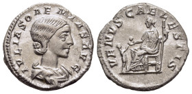 JULIA SOAEMIAS (218-222). Denarius. Rome.

Obv: IVLIA SOAEMIAS AVG. 
Draped bust right.
Rev: VENVS CAELESTIS. 
Venus seated left on throne, holding ap...