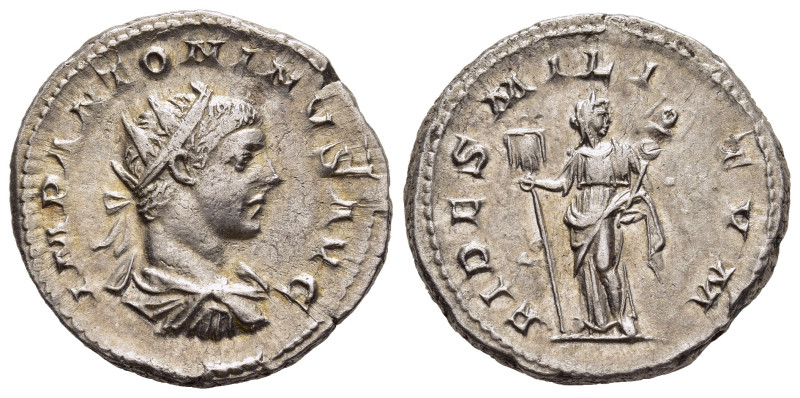 ELAGABALUS (218-222). Antoninianus. Rome.

Obv: IMP ANTONINVS AVG. 
Radiate and ...