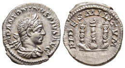 ELAGABALUS (218-222). Denarius. Rome.

Obv: IMP ANTONINVS PIVS AVG. 
Laureate and draped bust right.
Rev: FIDES MILITVM. 
Aquila (legionary eagle) fla...