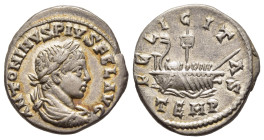 ELAGABALUS (218-222). Denarius. Antioch.

Obv: ANTONINVS PIVS FEL AVG. 
Laureate, draped and cuirassed bust right.
Rev: FELICITAS / TEMP. 
Galley righ...