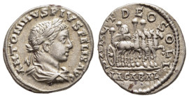ELAGABALUS (218-222). Denarius. Antioch.

Obv: ANTONINVS PIVS FEL AVG.
Laureate, draped and cuirassed bust right.
Rev: SANCT DEO SOLI / ELAGABAL.
Quad...