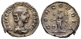 AQUILIA SEVERA (Augusta, 220-221 & 221-222). Denarius. Rome.

Obv: IVLIA AQVILIA SEVERA AVG. 
Draped bust right.
Rev: CONCORDIA. 
Concordia standing l...