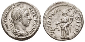 SEVERUS ALEXANDER (222-235). Denarius. Rome. 

Obv: IMP C M AVR SEV ALEXAND AVG. 
Laureate and draped bust right.
Rev: P M TR P VII COS II P P. 
Aequi...