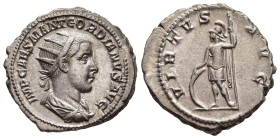 GORDIAN III (238-244). Antoninianus. Rome.

Obv: IMP CAES M ANT GORDIANVS AVG.
Radiate, draped and cuirassed bust right.
Rev: VIRTVS AVG.
Virtu s...