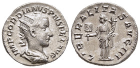 GORDIAN III (238-244). Antoninianus. Rome.

Obv: IMP GORDIANVS PIVS FEL AVG. 
Radiate, draped and cuirassed bust right.
Rev: LIBERALITAS AVG III. 
Lib...