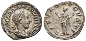 GORDIAN III (238-244). Denarius. Rome.

Obv: IMP GORDIANVS PIVS FEL AVG. 
Laureate, draped and cuirassed bust right.
Rev: PIETAS AVGVSTI. 
Pietas stan...