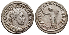 PHILIP I 'THE ARAB' (244-249). Antoninianus. Antioch.

Obv: IMP C M IVL PHILIPPVS P F AVG P M. 
Radiate, draped and cuirassed bust right.
Rev: PAX FVN...