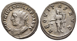 PHILIP I 'THE ARAB' (244-249). Antoninianus. Antioch.

Obv: IMP M IVL PHILIPPVS AVG. 
Radiate and cuirassed bust left.
Rev: AEQVITAS AVG. 
Aequitas st...