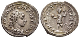 PHILIP II (Caesar, 244-247). Antoninianus. Rome. 

Obv: M IVL PHILIPPVS CAES. 
Radiate and draped bust right.
Rev: PRINCIPI IVVENT. 
Prince standing l...