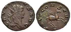 GALLIENUS (253-268). Antoninianus. Rome.

Obv: GALLIENVS AVG. 
Radiate head right.
Rev: SOLI CONS AVG.
Pegasus springing to right; H in exergue. 

MIR...