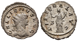 GALLIENUS (253-268). Antoninianus. Rome.

Obv: GALLIENVS AVG. 
Radiate head right.
Rev: LIBERAL AVG. 
Liberalitas standing left, holding abacus and co...