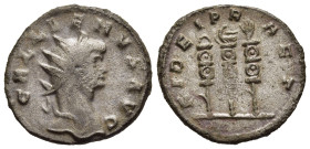 GALLIENUS (253-268). Antoninianus. Siscia.

Obv: GALLIENVS AVG.
Radiate head right.
Rev: FIDEI PRAET.
Aquila between two standards. 

MIR 518d.

Very ...