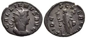 GALLIENUS (253-268). Antoninianus. Mediolanum.

Obv: GALLIENVS AVG. 
Radiate and cuirassed bust right.
Rev: FIDES EXERC VIII. 
Fides standing facing, ...