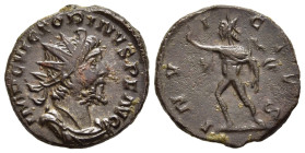 VICTORINUS (269-271). Antoninianus. Treveri.

Obv: IMP C VICTORINVS P F AVG. 
Radiate, draped and cuirassed bust right.
Rev: INVICTVS. 
Sol advancing ...