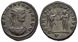 FLORIANUS (276). Antoninianus. Cyzicus.

Obv: IMP FLORIANVS AVG. 
Radiate, draped and cuirassed bust right.
Rev: CONCORDIA MILITVM / V. 
Victory stand...