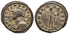 PROBUS (276-282). Antoninianus. Ticinum. 

Obv: VIRTVS PROBI AVG. 
Radiate, helmeted and cuirassed bust left, holding spear and shield.
Rev: CONSERVAT...