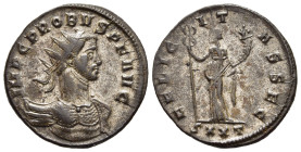 PROBUS (276-282). Antoninianus. Ticinum. 

Obv: IMP C PROBVS P F AVG. 
Radiate and cuirasssed bust right.
Rev: FELICITAS SEC / SXXT. 
Felicitas standi...