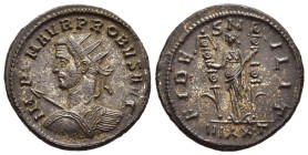PROBUS (176-182). Antoninianus. Ticinum. 

Obv: IMP C M AVR PROBVS AVG. 
Radiate and cuirassed bust left, holding shield and spear.
Rev: FIDES MILIT /...