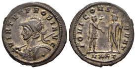 PROBUS (276-282). Antoninianus. Ticinum.

Obv: VIRTVS PROBI AVG. 
Radiate, helmeted and cuirassed bust left, holding spear and shield.
Rev: IOVI CONSE...