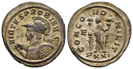 PROBUS (276-282). Antoninianus. Ticinum.

Obv: VIRTVS PROBI AVG. 
Radiate, helmeted and cuirassed bust left, holding shield and spear.
Rev: CONCORD MI...
