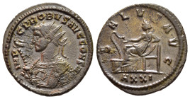 PROBUS (276-282). Antoninianus. Ticinum.

Obv: IMP C PROBVS AVG CONS III. 
Radiate and mantled bust left, holding eagle-tipped sceptre.
Rev: SALVS AVG...