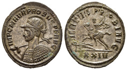 PROBUS (276-282). Antoninianus. Siscia.

Obv: IMP C M AVR PROBVS P F AVG.
Radiate, helmeted and cuirassed bust left, holding spear and shield.
Rev: VI...