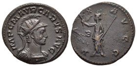 CARUS (282-283). Antoninianus. Lugdunum. 

Obv: IMP C M AVR CARVS AVG. 
Radiate, helmeted and cuirassed bust right.
Rev: PAX AVGG. 
Pax standing left,...