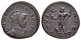 DIOCLETIAN (284-305). Antoninianus. Lugdunum.

Obv. IMP DIOCLETIANVS P AVG.
Radiate, helmeted and cuirassed bust right.
Rev. IOVI AVGG / A.
Jupiter st...