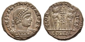 CONSTANTINE II (Caesar, 316-337). Follis. Alexandria.

Obv: CONSTANTINVS IVN NOB C.
Laureate and cuirassed bust right.
Rev: GLORIA EXERCITVS / SMA...