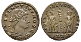 DELMATIUS (Caesar, 335-337). Follis. Alexandria.

Obv: FL DELMATIVS NOB C.
Laureate and cuirassed bust right.
Rev: GLORIA EXERCITVS / SMALA.
Two ...