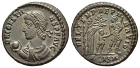 CONSTANS (337-350). Ae Centenionalis. Siscia.

Obv: D N CONSTANS P F AVG.
Pearl-diademed, draped and cuirassed bust left, holding globe in his righ...