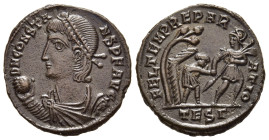 CONSTANS (337-350). Ae Centenionalis. Thessalonica.

Obv: D N CONSTANS P F AVG.
Pearl-diademed, draped and cuirassed bust left, holding globe.
Rev: FE...